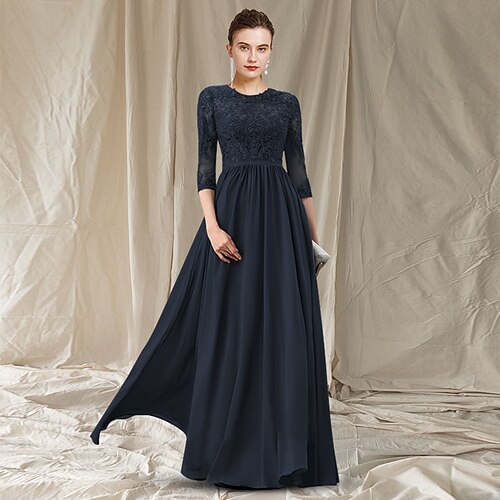 A-Line Mother of the Bride Dress Elegant Jewel Neck Floor Length Chiffon Lace 3/4 Length Sleeve with Pleats Appliques 2022
A-Line Mother of the Bride Dress Elegant Jewel Neck Floor Length Chiffon Lace 3/4 Length Sleeve with Pleats Appliques 2022