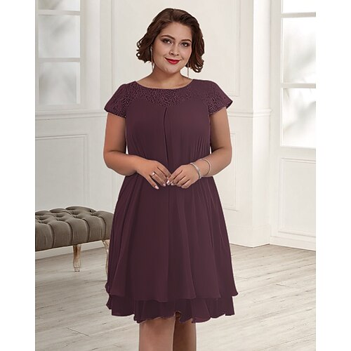 A-Line Mother of the Bride Dress Plus Size Elegant Jewel Neck Knee Length Chiffon Lace Short Sleeve with Appliques 2022
A-Line Mother of the Bride Dress Plus Size Elegant Jewel Neck Knee Length Chiffon Lace Short Sleeve with Appliques 2022