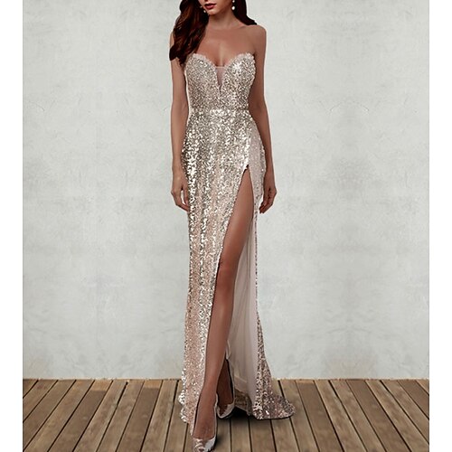 

Sheath / Column Minimalist Sexy Party Wear Formal Evening Dress Sweetheart Neckline Sleeveless Court Train Sequined with Sequin Slit 2022