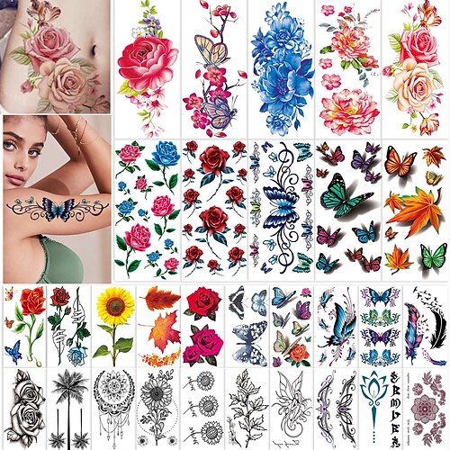 

42 Sheets Flowers Temporary Tattoos Stickers Roses Butterflies and Multi-Colored Mixed Style Body Art Temporary Tattoos for Women Girls or