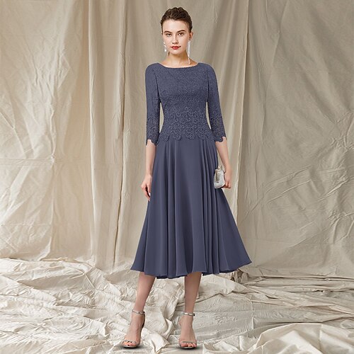 A-Line Mother of the Bride Dress Elegant Jewel Neck Tea Length Chiffon Lace 3/4 Length Sleeve with Pleats Appliques 2022
A-Line Mother of the Bride Dress Elegant Jewel Neck Tea Length Chiffon Lace 3/4 Length Sleeve with Pleats Appliques 2022
