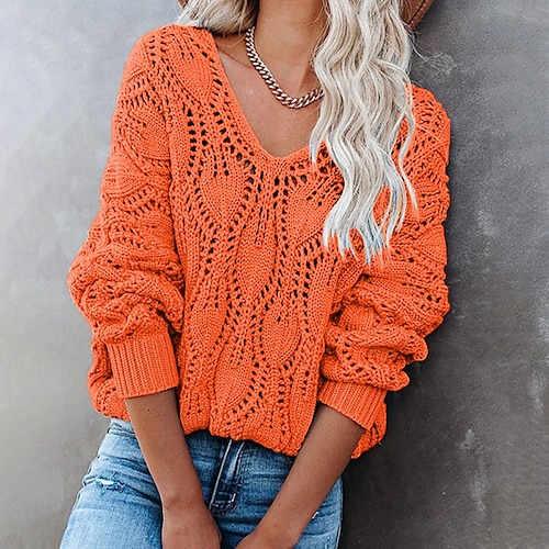 

Women's Sweater Pullover Jumper V Neck Crochet Knit Acrylic Hollow Out Knitted Thin Drop Shoulder Fall Winter Halloween Daily Going out Stylish Sexy Soft Long Sleeve Solid Color Red Blue Orange S M L