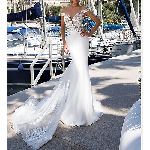 Mermaid / Trumpet Wedding Dresses Spaghetti Strap Scoop Neck Court Train Lace Satin Cap Sleeve Romantic Sexy with Appliques 2022
Mermaid / Trumpet Wedding Dresses Spaghetti Strap Scoop Neck Court Train Lace Satin Cap Sleeve Romantic Sexy with Appliques 2022