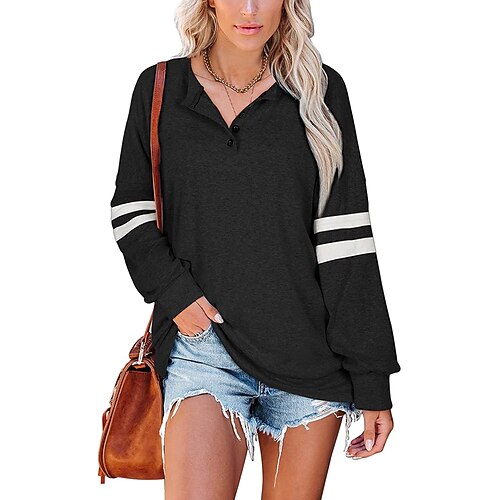 Women's T shirt Tee Striped Casual Weekend T shirt Tee Long Sleeve Button V Neck Basic Essential Black Blue Gray S 
Women's T shirt Tee Striped Casual Weekend T shirt Tee Long Sleeve Button V Neck Basic Essential Black Blue Gray S