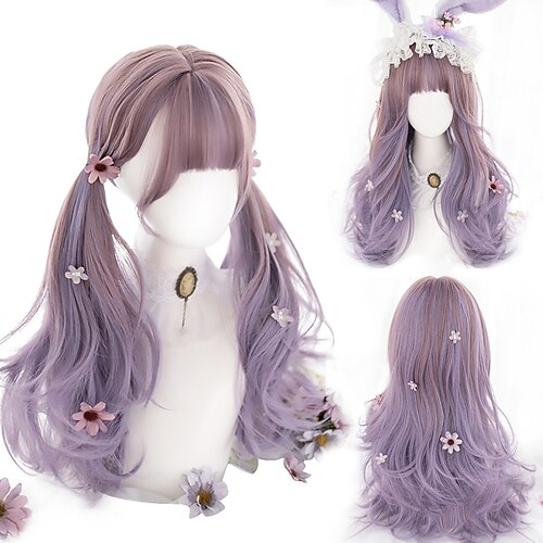 

Long Ombre Colorful Synthetic Cosplay Lolita Harajuku Wig With Bangs Natural Wavy Wigs Pink Purple Blue Daily Wigs