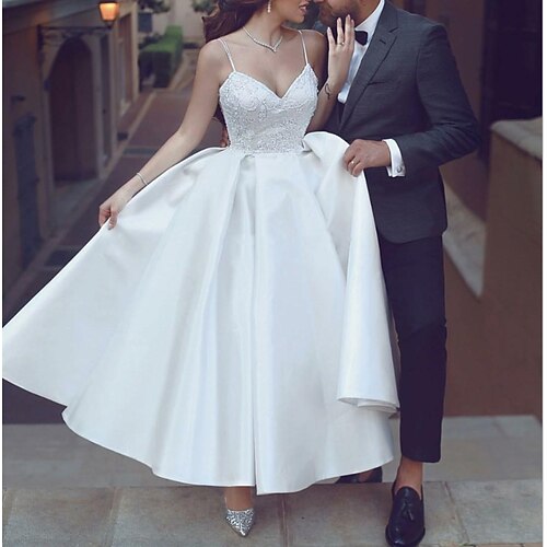 A-Line Wedding Dresses V Neck Spaghetti Strap Ankle Length Lace Satin Sleeveless Romantic Sexy Little White Dress with Appliques 2022
A-Line Wedding Dresses V Neck Spaghetti Strap Ankle Length Lace Satin Sleeveless Romantic Sexy Little White Dress with Appliques 2022