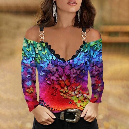 Mujer Camiseta Morado Dorado Arco Iris Mariposa Rosa Hombro frío Estampado Manga Larga Casual Diario Sensual Escote en Pico Regular Ajuste regular Mariposa S
Mujer Camiseta Morado Dorado Arco Iris Mariposa Rosa Hombro frío Estampado Manga Larga Casual Diario Sensual Escote en Pico Regular Ajuste regular Mariposa S