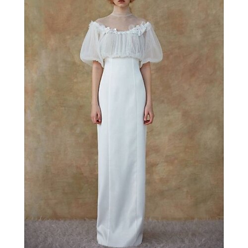 Sheath / Column Wedding Dresses Jewel Neck Floor Length Chiffon Long Sleeve Romantic Vintage with Pleats Appliques 2022
Sheath / Column Wedding Dresses Jewel Neck Floor Length Chiffon Long Sleeve Romantic Vintage with Pleats Appliques 2022