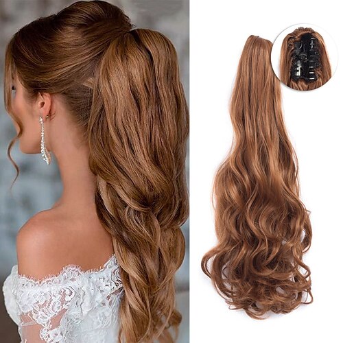 

Ponytail Extensions Claw Clip Drawstring False Pigtail 22 Inch Synthetic Curly Wavy False Tail Hairpiece Pony Attached For Women