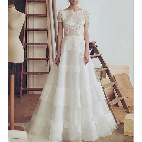 A-Line Wedding Dresses Jewel Neck Sweep / Brush Train Lace Tulle Short Sleeve Country Romantic Vintage with Ruffles Appliques 2022
A-Line Wedding Dresses Jewel Neck Sweep / Brush Train Lace Tulle Short Sleeve Country Romantic Vintage with Ruffles Appliques 2022