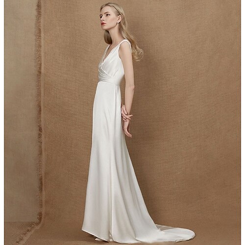 A-Line Wedding Dresses V Neck Sweep / Brush Train Charmeuse Sleeveless Simple Vintage with Ruched 2022
A-Line Wedding Dresses V Neck Sweep / Brush Train Charmeuse Sleeveless Simple Vintage with Ruched 2022