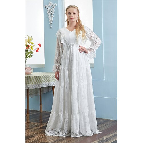 A-Line Wedding Dresses V Neck Floor Length Lace Long Sleeve Romantic Plus Size with Pleats Tassel 2022
A-Line Wedding Dresses V Neck Floor Length Lace Long Sleeve Romantic Plus Size with Pleats Tassel 2022