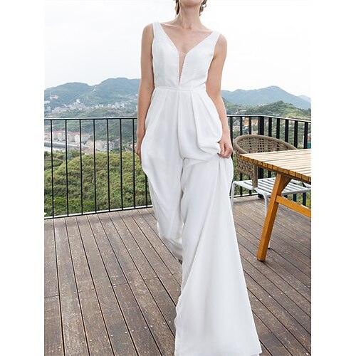 Jumpsuits Wedding Dresses V Neck Floor Length Chiffon Sleeveless Country Simple with Pleats 2022
Jumpsuits Wedding Dresses V Neck Floor Length Chiffon Sleeveless Country Simple with Pleats 2022