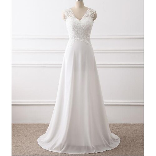 A-Line Wedding Dresses V Neck Sweep / Brush Train Chiffon Lace Sleeveless Romantic Beach with Appliques 2022
A-Line Wedding Dresses V Neck Sweep / Brush Train Chiffon Lace Sleeveless Romantic Beach with Appliques 2022