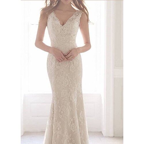 Sheath / Column Wedding Dresses V Neck Sweep / Brush Train Lace Sleeveless Romantic with Appliques 2022
Sheath / Column Wedding Dresses V Neck Sweep / Brush Train Lace Sleeveless Romantic with Appliques 2022
