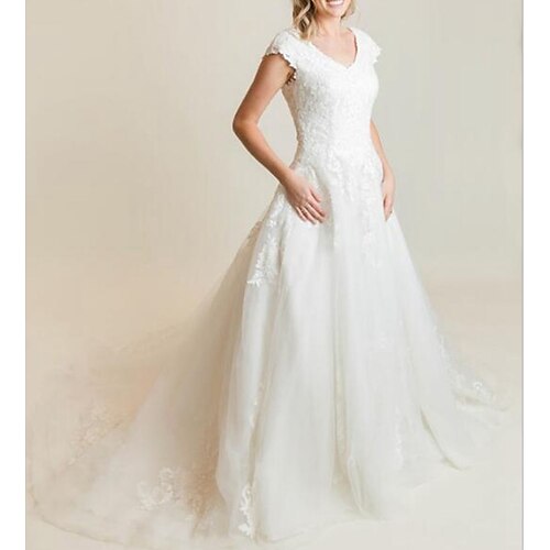 A-Line Wedding Dresses V Neck Court Train Lace Tulle Short Sleeve Romantic Luxurious with Appliques 2022
A-Line Wedding Dresses V Neck Court Train Lace Tulle Short Sleeve Romantic Luxurious with Appliques 2022