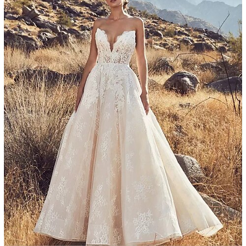 A-Line Wedding Dresses Strapless Floor Length Lace Tulle Sleeveless Country Sexy Luxurious Backless with Appliques 2022
A-Line Wedding Dresses Strapless Floor Length Lace Tulle Sleeveless Country Sexy Luxurious Backless with Appliques 2022