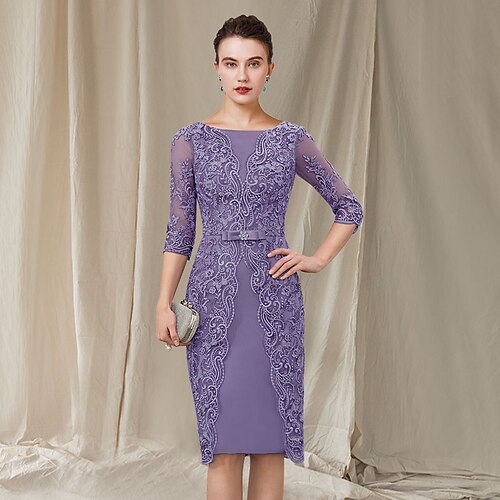 Sheath / Column Mother of the Bride Dress Elegant Bateau Neck Knee Length Chiffon Lace 3/4 Length Sleeve with Bow(s) Appliques 2022
Sheath / Column Mother of the Bride Dress Elegant Bateau Neck Knee Length Chiffon Lace 3/4 Length Sleeve with Bow(s) Appliques 2022