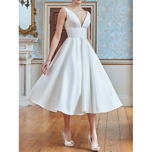 A-Line Wedding Dresses V Neck Tea Length Satin Sleeveless Simple Sexy Little White Dress with Pleats 2022
A-Line Wedding Dresses V Neck Tea Length Satin Sleeveless Simple Sexy Little White Dress with Pleats 2022
