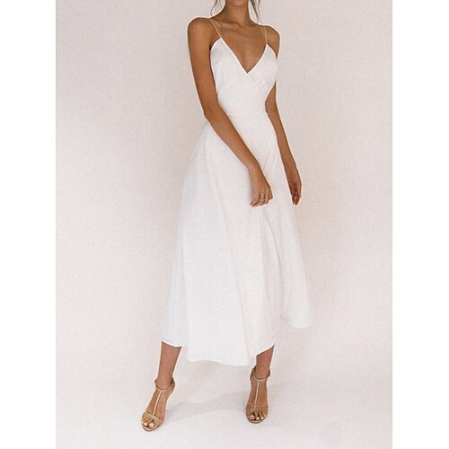 A-Line Wedding Dresses V Neck Spaghetti Strap Tea Length Chiffon Sleeveless Simple Sexy Little White Dress with Split Front 2022
A-Line Wedding Dresses V Neck Spaghetti Strap Tea Length Chiffon Sleeveless Simple Sexy Little White Dress with Split Front 2022
