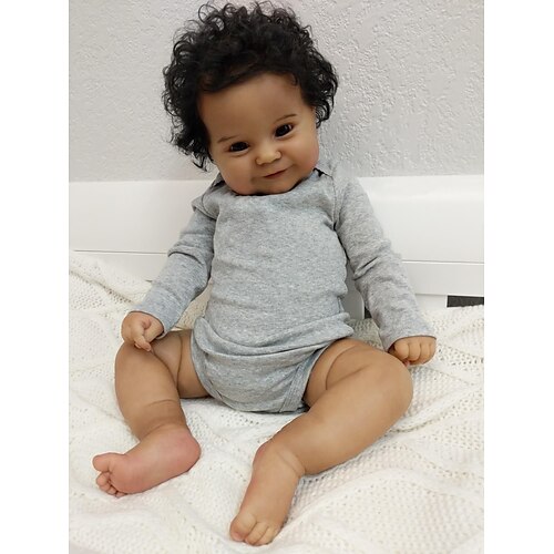 

20 inch 50CM Real Baby Size African American Hand Rooted Hair Newborn Smiling Doll Look Realistic, Black Skin Soft Weighted Body Reborn Cuddly Baby Gift Set with Bottle and Pacifier
