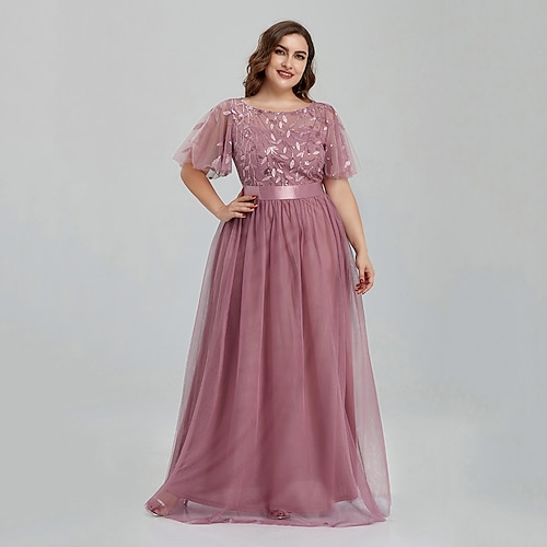 

A-Line Elegant Floral Party Wear Quinceanera Dress Jewel Neck Short Sleeve Floor Length Tulle with Embroidery Splicing 2022 / Illusion Sleeve