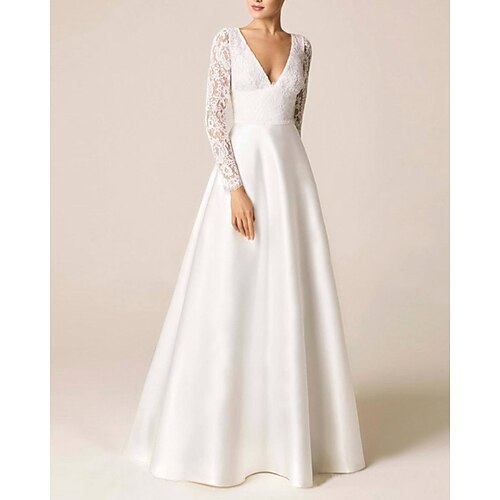 A-Line Wedding Dresses V Neck Sweep / Brush Train Lace Satin Long Sleeve Simple Vintage with Appliques 2022
A-Line Wedding Dresses V Neck Sweep / Brush Train Lace Satin Long Sleeve Simple Vintage with Appliques 2022