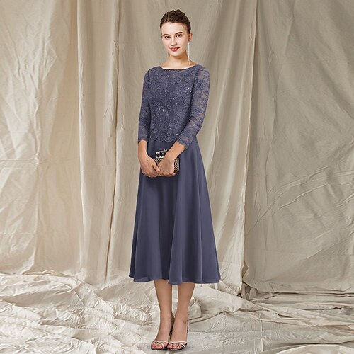 A-linje Kjole til brudens mor Elegant Besmykket Te-lengde Chiffon Blonder 3/4 ermer med Paljett 2023
A-linje Kjole til brudens mor Elegant Besmykket Te-lengde Chiffon Blonder 3/4 ermer med Paljett 2023