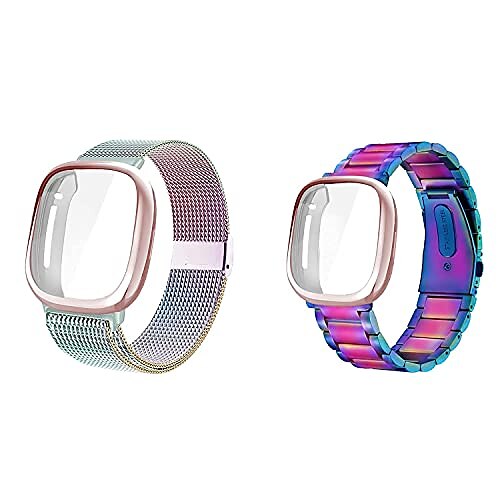 

compatible with fitbit sense/ versa 3 bands, versa3 stainless steel metal band with protective case compatible with fitbit sense/ versa 3 watch, 2 pack
