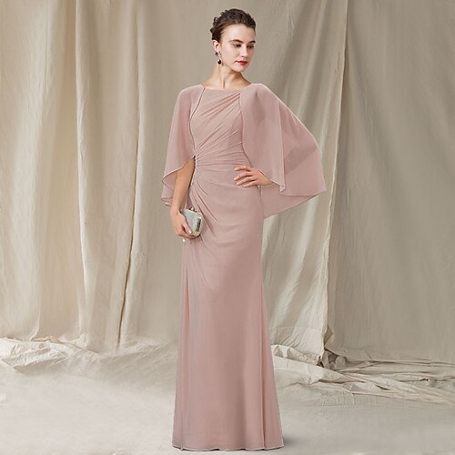 Sheath / Column Mother of the Bride Dress Elegant Wrap Included Jewel Neck Floor Length Chiffon Sleeveless with Ruched 2022
Sheath / Column Mother of the Bride Dress Elegant Wrap Included Jewel Neck Floor Length Chiffon Sleeveless with Ruched 2022