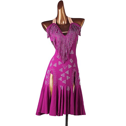 

Latin Dance Dress Tassel Split Joint Crystals / Rhinestones Women's Performance Sleeveless Spandex Chiffon