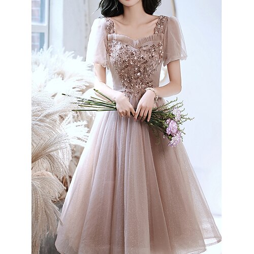 A-Line Bridesmaid Dress Square Neck Short Sleeve Elegant Tea Length Tulle with Sequin / Ruffles 2022
A-Line Bridesmaid Dress Square Neck Short Sleeve Elegant Tea Length Tulle with Sequin / Ruffles 2022
