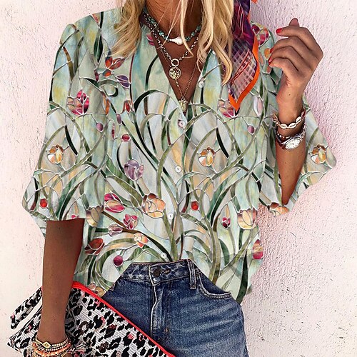 Women's Blouse Shirt Green Flower Button Print Long Sleeve Holiday Weekend Streetwear Casual Standing Collar Regular Floral S
Women's Blouse Shirt Green Flower Button Print Long Sleeve Holiday Weekend Streetwear Casual Standing Collar Regular Floral S