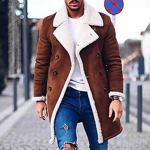 

Men's Shearling Coat Winter Jacket Sherpa jacket Daily Going out Fall Winter Polyester Thermal Warm Windproof Outerwear Clothing Apparel Streetwear Casual Color Block Patchwork Turndown Single / Long