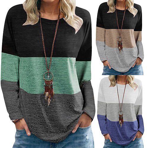 

Women's Blouse Turtleneck Knitted Sweater Long Sleeves Stripe Color Block Patchwork Loose Ribbed Pullover Jumper Tops Round Neck Regular Spring Fall Blue Blushing Pink Grey Green Beige