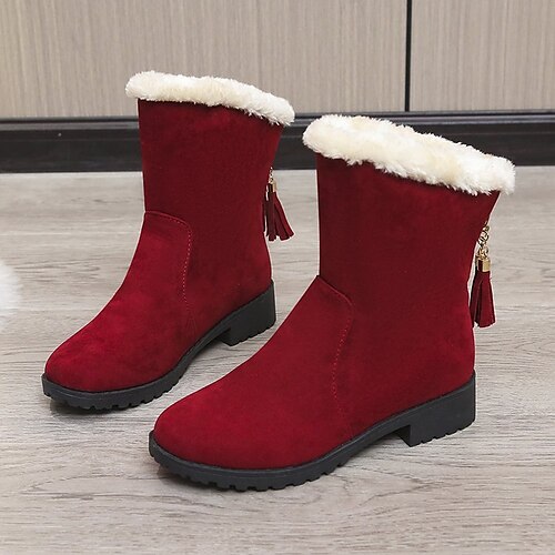 

Women's Boots Christmas Snow Boots Mid Calf Boots Winter Fur Trim Chunky Heel Round Toe Synthetics Zipper Solid Colored Wine Dark Brown Black