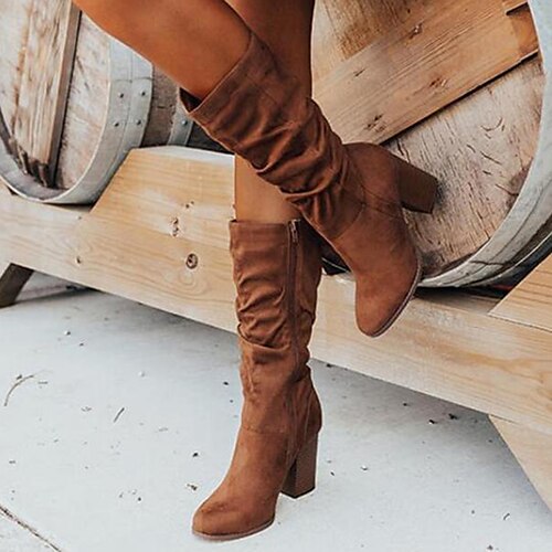

Women's Boots Outdoor Office Daily Slouchy Boots Heel Boots Mid Calf Boots Winter Block Heel Chunky Heel Round Toe Casual Minimalism Walking Shoes Synthetics Zipper Solid Colored Light Brown