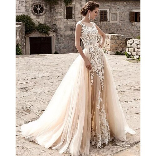 Mermaid / Trumpet Wedding Dresses Jewel Neck Court Train Lace Tulle Cap Sleeve Modern Detachable with Appliques 2022
Mermaid / Trumpet Wedding Dresses Jewel Neck Court Train Lace Tulle Cap Sleeve Modern Detachable with Appliques 2022