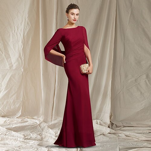 

Mermaid / Trumpet Mother of the Bride Dress Elegant Jewel Neck Floor Length Chiffon Half Sleeve with Ruched 2022