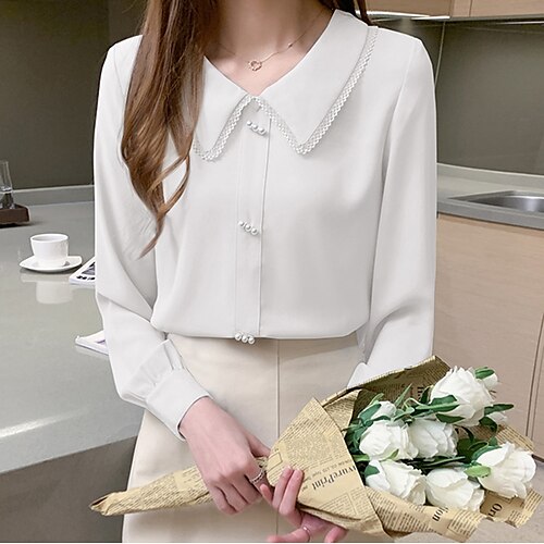 Women's Blouse Shirt Blue White Plain Button Lace Trims Long Sleeve Daily Work Basic Streetwear Shirt Collar Regular S
Women's Blouse Shirt Blue White Plain Button Lace Trims Long Sleeve Daily Work Basic Streetwear Shirt Collar Regular S