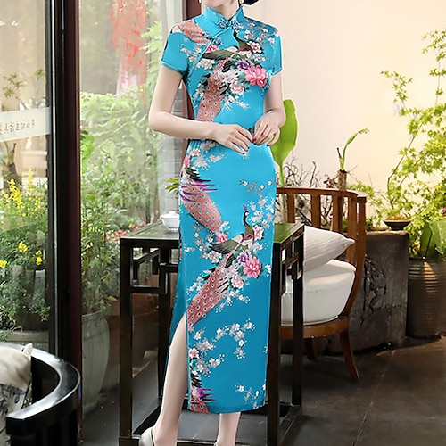 

Women's Cheongsam Dress Long Dress Maxi Dress Light Pink Black Blue Short Sleeve Floral Embroidered Spring Summer Mandarin Collar Chinoiserie Weekend S M L XL XXL 3XL 4XL 5XL 6XL