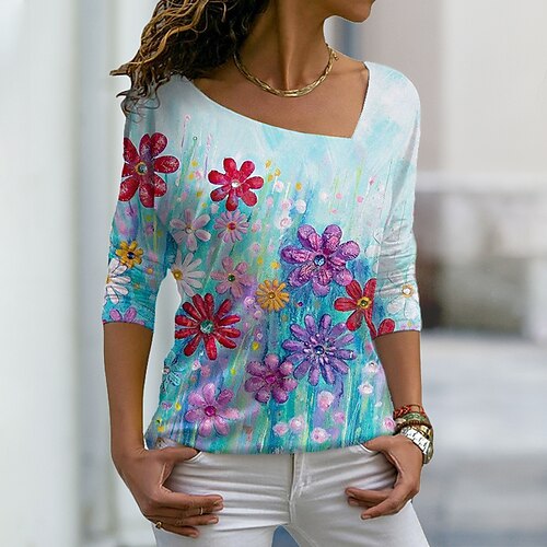 Women's T shirt Tee Blue Floral Print Long Sleeve Casual Holiday Basic V Neck Regular Floral Painting S
Women's T shirt Tee Blue Floral Print Long Sleeve Casual Holiday Basic V Neck Regular Floral Painting S