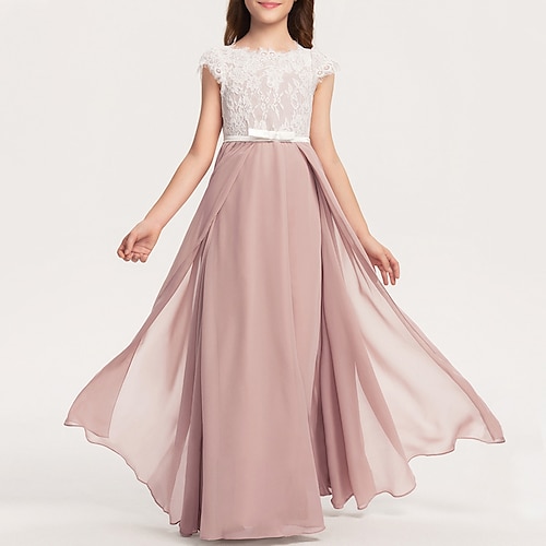 

A-Line Floor Length Jewel Neck Chiffon Junior Bridesmaid Dresses&Gowns With Lace Wedding Party Dresses 4-16 Year