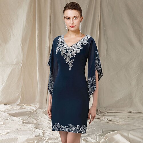 Sheath / Column Mother of the Bride Dress Elegant V Neck Short / Mini Chiffon Lace Short Sleeve with Appliques 2022
Sheath / Column Mother of the Bride Dress Elegant V Neck Short / Mini Chiffon Lace Short Sleeve with Appliques 2022