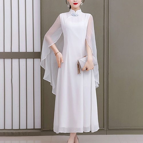 

Women's Swing Dress White Dress Long Dress Maxi Dress Pink Red White 3/4 Length Sleeve Pure Color Layered Winter Fall Autumn Stand Collar Chinoiserie M L XL XXL 3XL