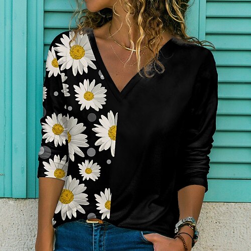 Women's T shirt Tee Black Floral Daisy Print Long Sleeve Casual Holiday Basic V Neck Regular Floral Painting S / 3D Print
Women's T shirt Tee Black Floral Daisy Print Long Sleeve Casual Holiday Basic V Neck Regular Floral Painting S / 3D Print