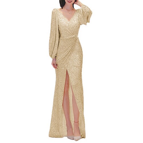 

Sheath / Column Evening Dresses Sparkle Dress Prom Floor Length Long Sleeve V Neck Sequined with Sequin 2022 / Formal Evening / Sparkle & Shine