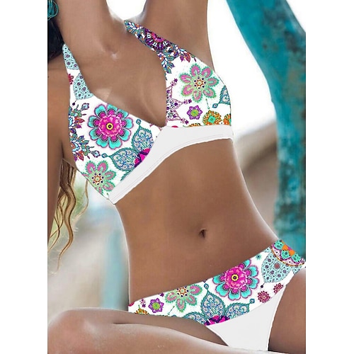 

Women's Swimwear Bikini 2 Piece Swimsuit Halter 2 Piece Open Back Sexy Floral V Wire Vacation Beach Wear Bathing Suits