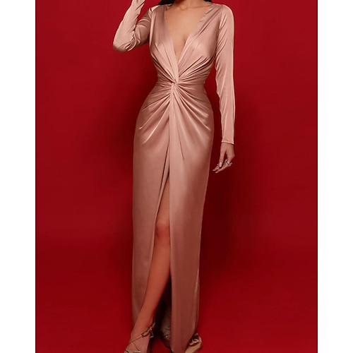

Sheath / Column Reformation Amante Sexy Wedding Guest Formal Evening Birthday Dress V Neck Long Sleeve Sweep / Brush Train Charmeuse with Ruched Slit 2022
