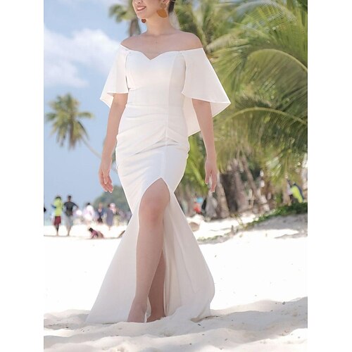 Mermaid / Trumpet Wedding Dresses Off Shoulder Floor Length Stretch Fabric Half Sleeve Simple Sexy with Split Front 2022
Mermaid / Trumpet Wedding Dresses Off Shoulder Floor Length Stretch Fabric Half Sleeve Simple Sexy with Split Front 2022